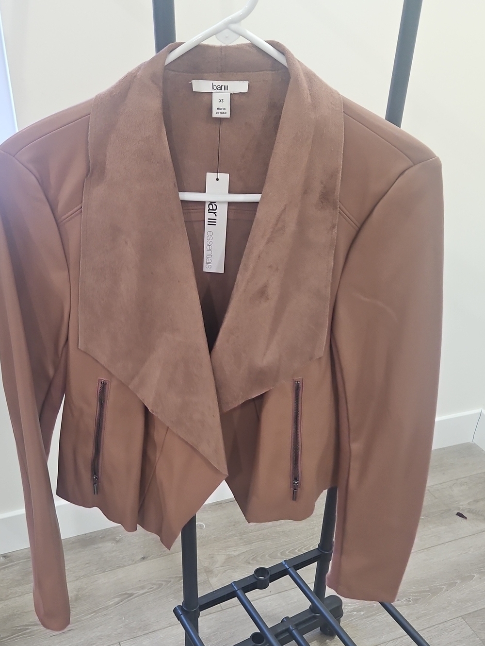 Bar III Cognac Faux-Leather Open Front Jacket